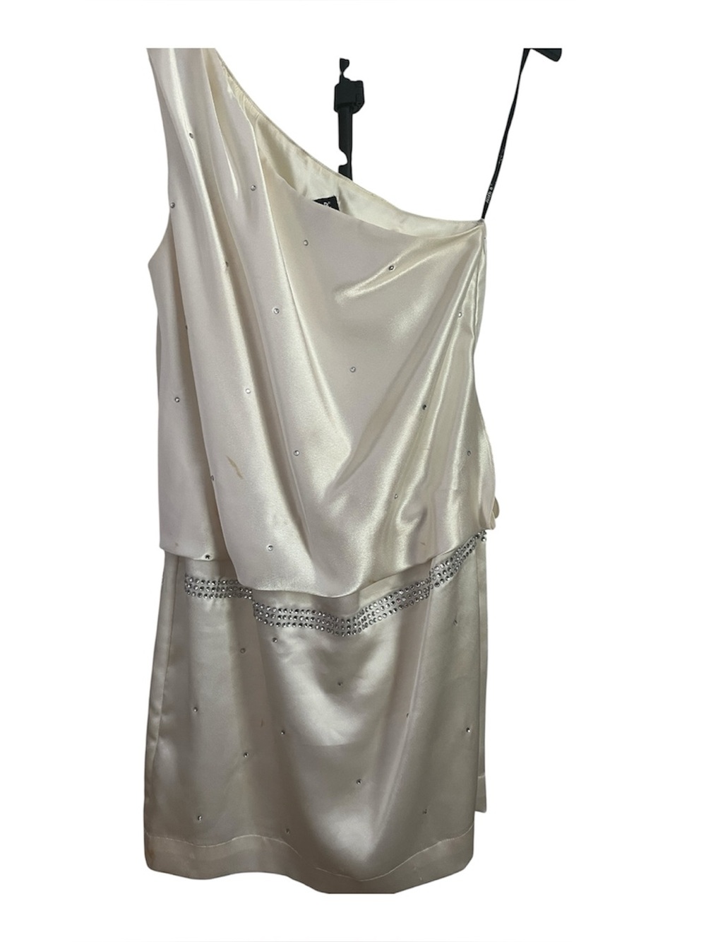 Allen B. by Allen Schwartz One-Shoulder Ivory Satin Dress with Crystal Waist